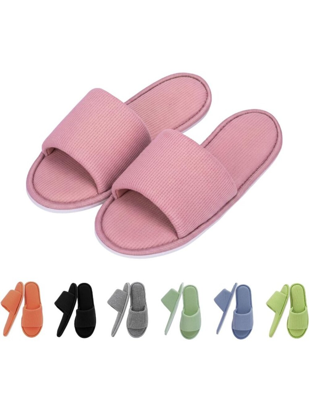 Women's Pink Waffle Fabric Memory Foam Cushioning Slip-On Open Toe Slippers